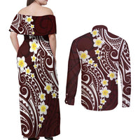 Plumeria With Oxblood Polynesian Tattoo Pattern Couples Matching Off Shoulder Maxi Dress and Long Sleeve Button Shirt