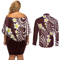 Plumeria With Oxblood Polynesian Tattoo Pattern Couples Matching Off Shoulder Short Dress and Long Sleeve Button Shirt