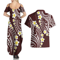 Plumeria With Oxblood Polynesian Tattoo Pattern Couples Matching Summer Maxi Dress and Hawaiian Shirt