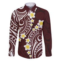 Plumeria With Oxblood Polynesian Tattoo Pattern Family Matching Off The Shoulder Long Sleeve Dress and Hawaiian Shirt