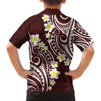 Plumeria With Oxblood Polynesian Tattoo Pattern Family Matching Off Shoulder Short Dress and Hawaiian Shirt