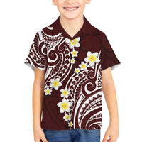 Plumeria With Oxblood Polynesian Tattoo Pattern Family Matching Off Shoulder Short Dress and Hawaiian Shirt