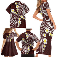 Plumeria With Oxblood Polynesian Tattoo Pattern Family Matching Short Sleeve Bodycon Dress and Hawaiian Shirt LT05 - Polynesian Pride