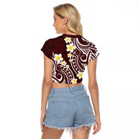 Plumeria With Oxblood Polynesian Tattoo Pattern Raglan Cropped T Shirt
