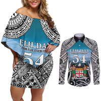 Personalised Happy 54th Fiji Day Couples Matching Off Shoulder Short Dress and Long Sleeve Button Shirt Forever Fiji With Tapa Tribal Pattern LT05 Blue - Polynesian Pride