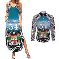Personalised Happy 54th Fiji Day Couples Matching Summer Maxi Dress and Long Sleeve Button Shirt Forever Fiji With Tapa Tribal Pattern LT05 Blue - Polynesian Pride