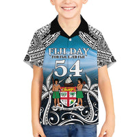 Personalised Happy 54th Fiji Day Family Matching Short Sleeve Bodycon Dress and Hawaiian Shirt Forever Fiji With Tapa Tribal Pattern LT05 Son's Shirt Blue - Polynesian Pride