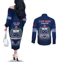 Samoa Rugby Couples Matching Off The Shoulder Long Sleeve Dress and Long Sleeve Button Shirts World Cup 2023 Coat Of Arms With Polynesian Pattern LT05 - Polynesian Pride