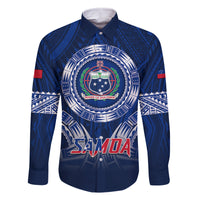 Samoa Rugby Family Matching Off Shoulder Maxi Dress and Hawaiian Shirt World Cup 2023 Coat Of Arms With Polynesian Pattern LT05 Dad's Shirt - Long Sleeve Blue - Polynesian Pride