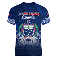 Samoa Rugby Women V Neck T Shirt World Cup 2023 Coat Of Arms With Polynesian Pattern LT05 - Polynesian Pride