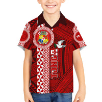 Custom Tonga Rugby Family Matching Puletasi Dress and Hawaiian Shirt World Cup 2023 Coat Of Arms Ngatu Pattern LT05 Son's Shirt Red - Polynesian Pride