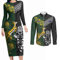 Rugby New Zealand South Africa Couples Matching Long Sleeve Bodycon Dress and Long Sleeve Button Shirt Maori Tiki Springboks Together