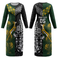 Rugby New Zealand South Africa Couples Matching Long Sleeve Bodycon Dress and Long Sleeve Button Shirt Maori Tiki Springboks Together