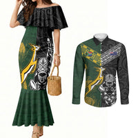Rugby New Zealand South Africa Couples Matching Mermaid Dress and Long Sleeve Button Shirt Maori Tiki Springboks Together