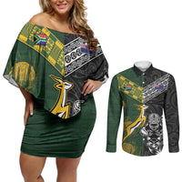 Rugby New Zealand South Africa Couples Matching Off Shoulder Short Dress and Long Sleeve Button Shirt Maori Tiki Springboks Together
