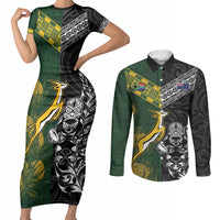 Rugby New Zealand South Africa Couples Matching Short Sleeve Bodycon Dress and Long Sleeve Button Shirt Maori Tiki Springboks Together