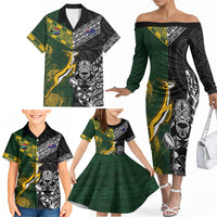 Rugby New Zealand South Africa Family Matching Off The Shoulder Long Sleeve Dress and Hawaiian Shirt Maori Tiki Springboks Together