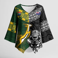 Rugby New Zealand South Africa Kimono Sleeve Blouse Maori Tiki Springboks Together