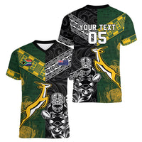 Rugby New Zealand South Africa Women V-Neck T-Shirt Maori Tiki Springboks Together