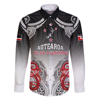 Personalised New Zealand Waitangi Day Family Matching Off Shoulder Short Dress and Hawaiian Shirt Aotearoa Te Ra O Waitangi Manaia Maori Pattern LT05 Dad's Shirt - Long Sleeve Black - Polynesian Pride