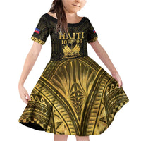 Haiti 1804 Family Matching Off Shoulder Short Dress and Hawaiian Shirt Polynesian Gold Neg Maron