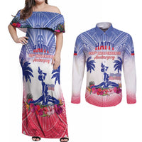 Personalised Haiti Independence Day Couples Matching Off Shoulder Maxi Dress and Long Sleeve Button Shirt Neg Maron Polynesian Style LT05
