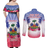 Personalised Haiti Independence Day Couples Matching Off Shoulder Maxi Dress and Long Sleeve Button Shirt Neg Maron Polynesian Style LT05