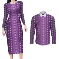 Purple Samoa Malu Tattoo Inspired Couples Matching Long Sleeve Bodycon Dress and Long Sleeve Button Shirt - Polynesian Pride
