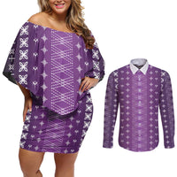 Purple Samoa Malu Tattoo Inspired Couples Matching Off Shoulder Short Dress and Long Sleeve Button Shirt - Polynesian Pride