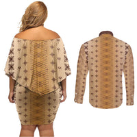 Beige Samoa Malu Tattoo Inspired Couples Matching Off Shoulder Short Dress and Long Sleeve Button Shirt - Polynesian Pride