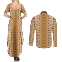 Beige Samoa Malu Tattoo Inspired Couples Matching Summer Maxi Dress and Long Sleeve Button Shirt - Polynesian Pride