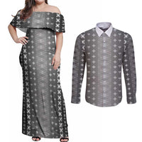 Black Samoa Malu Tattoo Inspired Couples Matching Off Shoulder Maxi Dress and Long Sleeve Button Shirt - Polynesian Pride