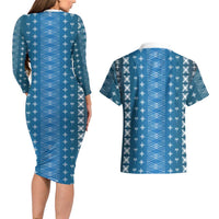 Blue Samoa Malu Tattoo Inspired Couples Matching Long Sleeve Bodycon Dress and Hawaiian Shirt - Polynesian Pride
