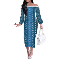 Blue Samoa Malu Tattoo Inspired Family Matching Off The Shoulder Long Sleeve Dress and Hawaiian Shirt - Polynesian Pride