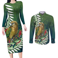 New Zealand Kea Bird Couples Matching Long Sleeve Bodycon Dress and Long Sleeve Button Shirt With Maori Koru Fern LT05 Green - Polynesian Pride