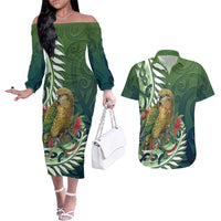 New Zealand Kea Bird Couples Matching Off The Shoulder Long Sleeve Dress and Hawaiian Shirt With Maori Koru Fern LT05 Green - Polynesian Pride