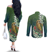 New Zealand Kea Bird Couples Matching Off The Shoulder Long Sleeve Dress and Long Sleeve Button Shirt With Maori Koru Fern LT05 - Polynesian Pride