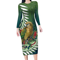 New Zealand Kea Bird Family Matching Long Sleeve Bodycon Dress and Hawaiian Shirt With Maori Koru Fern LT05 Mom's Dress Green - Polynesian Pride
