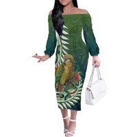 New Zealand Kea Bird Family Matching Off The Shoulder Long Sleeve Dress and Hawaiian Shirt With Maori Koru Fern LT05 Mom's Dress Green - Polynesian Pride