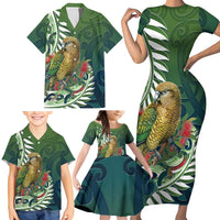 New Zealand Kea Bird Family Matching Short Sleeve Bodycon Dress and Hawaiian Shirt With Maori Koru Fern LT05 - Polynesian Pride