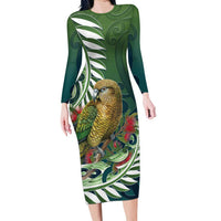 New Zealand Kea Bird Long Sleeve Bodycon Dress With Maori Koru Fern - Polynesian Pride