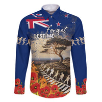 New Zealand ANZAC Day Family Matching Off Shoulder Short Dress and Hawaiian Shirt The Lonesome Pine With Soldier Fern LT05 Dad's Shirt - Long Sleeve Blue - Polynesian Pride