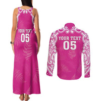 New Zealand Fern Women Rugby Custom Couples Matching Tank Maxi Dress and Long Sleeve Button Shirt Pink Maori Pattern