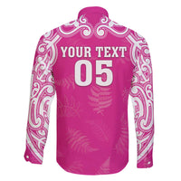 New Zealand Fern Women Rugby Custom Family Matching Off The Shoulder Long Sleeve Dress and Hawaiian Shirt Pink Maori Pattern