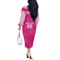 New Zealand Fern Women Rugby Custom Off The Shoulder Long Sleeve Dress Pink Maori Pattern LT05 - Polynesian Pride