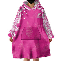 New Zealand Fern Women Rugby Custom Wearable Blanket Hoodie Pink Maori Pattern