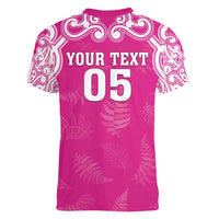 New Zealand Fern Women Rugby Custom Women V-Neck T-Shirt Pink Maori Pattern