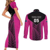 New Zealand Fern Rugby Custom Couples Matching Short Sleeve Bodycon Dress and Long Sleeve Button Shirt Pink Maori Pattern