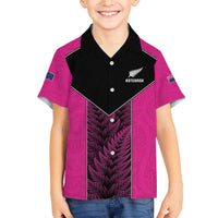 New Zealand Fern Rugby Custom Family Matching Off The Shoulder Long Sleeve Dress and Hawaiian Shirt Pink Maori Pattern