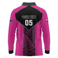 New Zealand Fern Rugby Custom Long Sleeve Polo Shirt Pink Maori Pattern